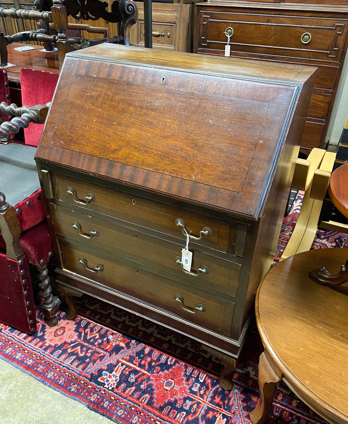 An early 20th century mahogany bureau, width 74cm, depth 44cm, height 101cm